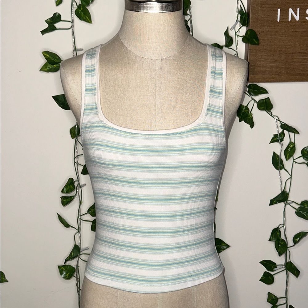 American Eagle Green Blue & White Striped Square Neck Tank Top